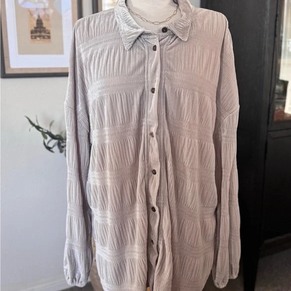 Free People Beige Button Down Shirt- Oversized Size L - Picture 2 of 6